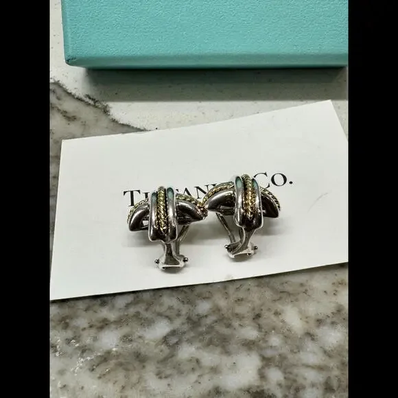 Tiffany & Co. Gold Rope Silver Signature ''X'' Clip-on Earrings .925 Silver Cert